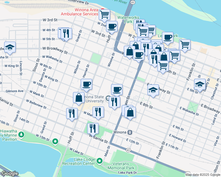 map of restaurants, bars, coffee shops, grocery stores, and more near 384 Washington Street in Winona