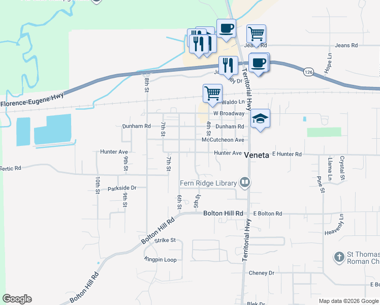 map of restaurants, bars, coffee shops, grocery stores, and more near 24928 Hunter Road in Veneta