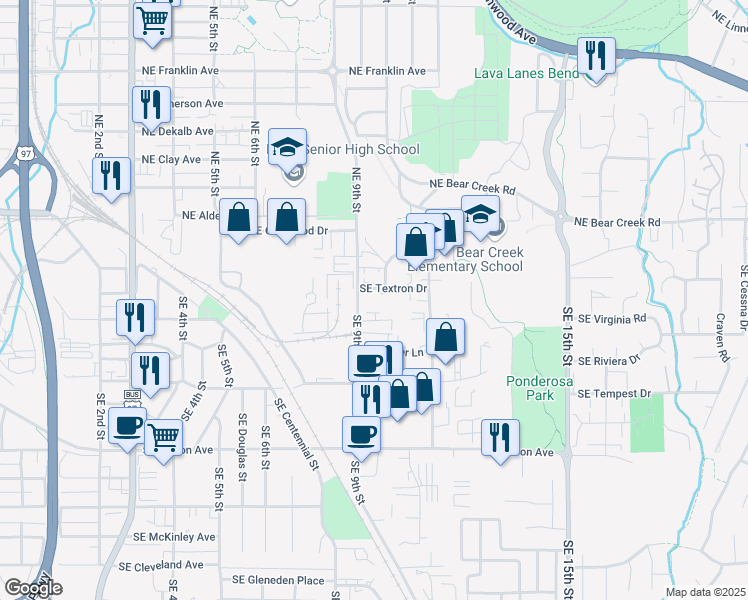 map of restaurants, bars, coffee shops, grocery stores, and more near 110 Southeast 9th Street in Bend