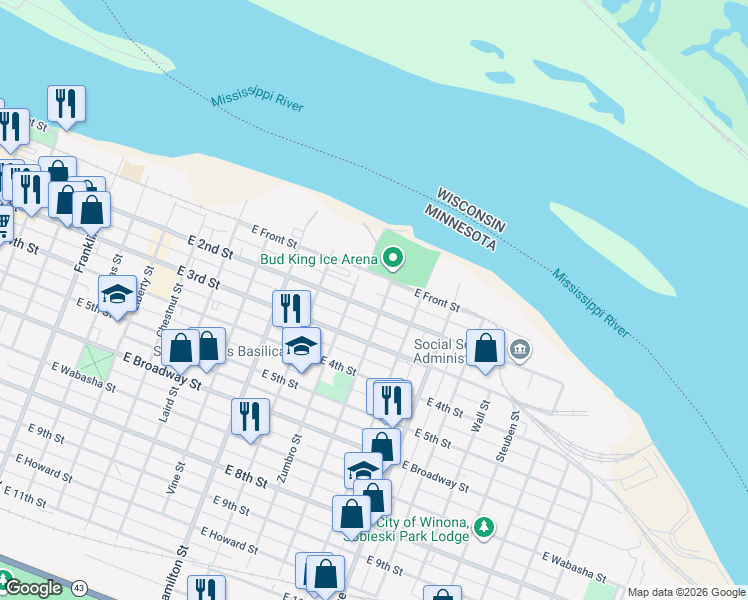 map of restaurants, bars, coffee shops, grocery stores, and more near 701 East Front Street in Winona