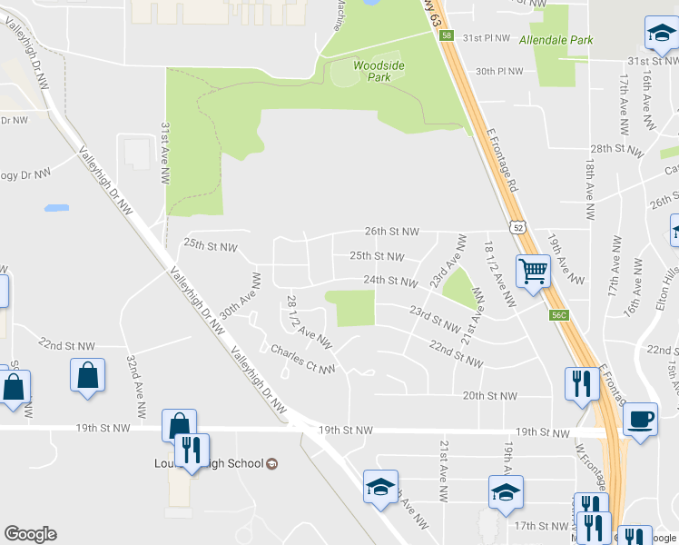 map of restaurants, bars, coffee shops, grocery stores, and more near 2613 24th Street Northwest in Rochester