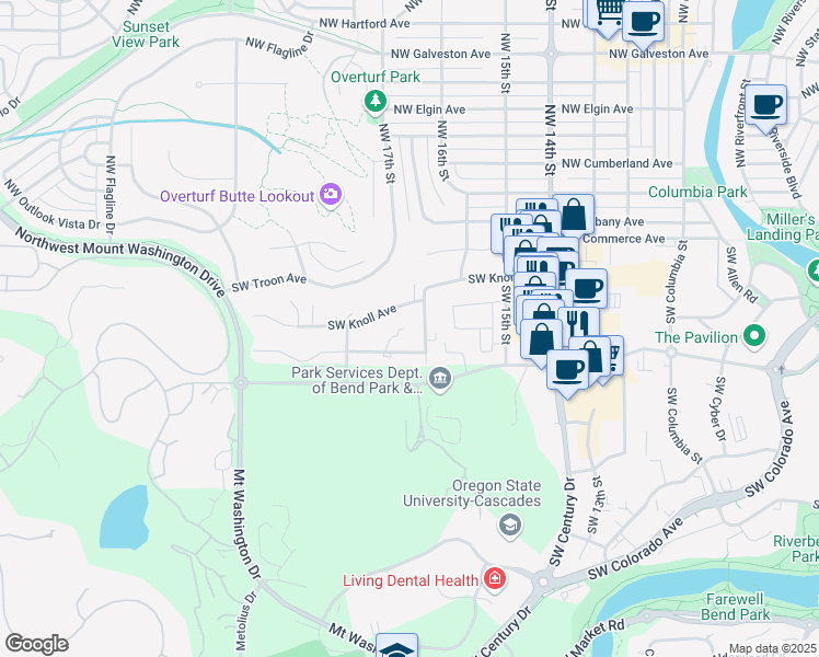 map of restaurants, bars, coffee shops, grocery stores, and more near 133 Southwest West Pine Place in Bend