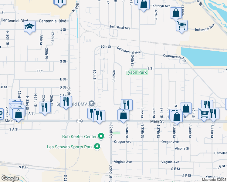 map of restaurants, bars, coffee shops, grocery stores, and more near 430 North 32nd Street in Springfield