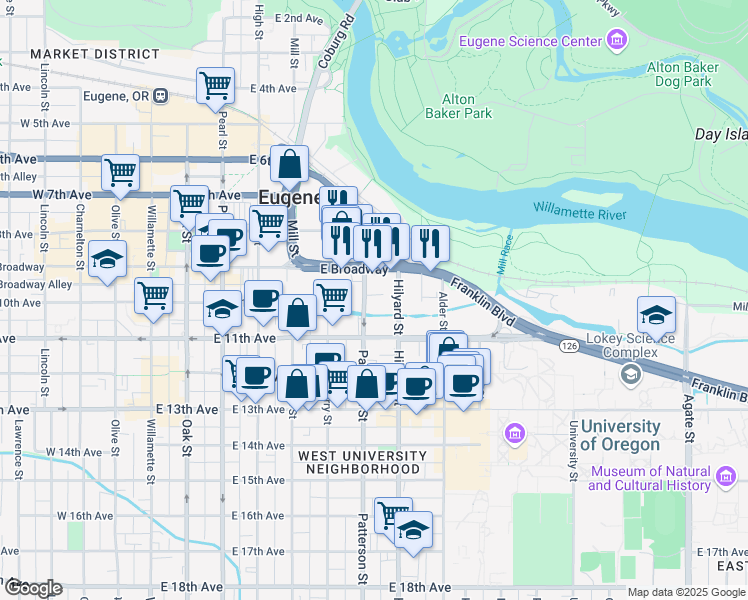 map of restaurants, bars, coffee shops, grocery stores, and more near 978 Hilyard Street in Eugene