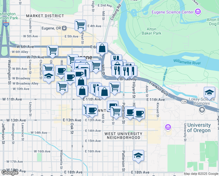 map of restaurants, bars, coffee shops, grocery stores, and more near 1030 Ferry Street in Eugene