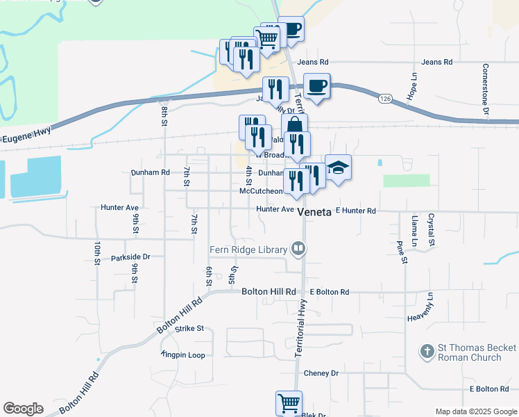 map of restaurants, bars, coffee shops, grocery stores, and more near 24999 Hunter Road in Veneta