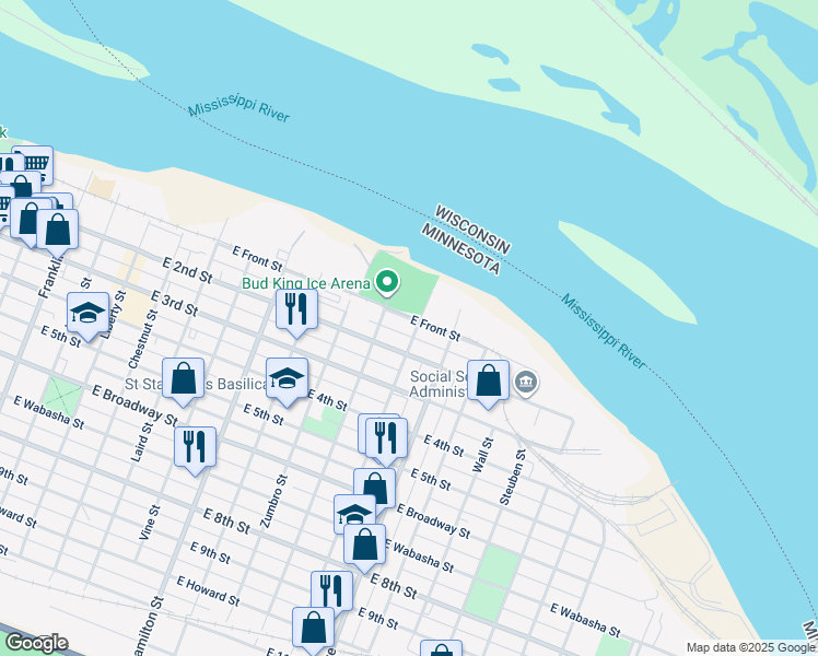 map of restaurants, bars, coffee shops, grocery stores, and more near 757 East Front Street in Winona