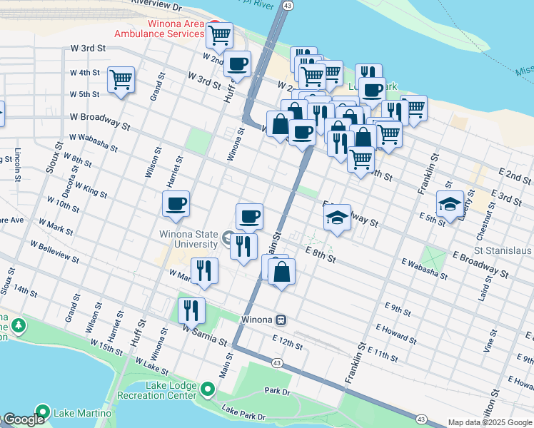 map of restaurants, bars, coffee shops, grocery stores, and more near 121 West Wabasha Street in Winona