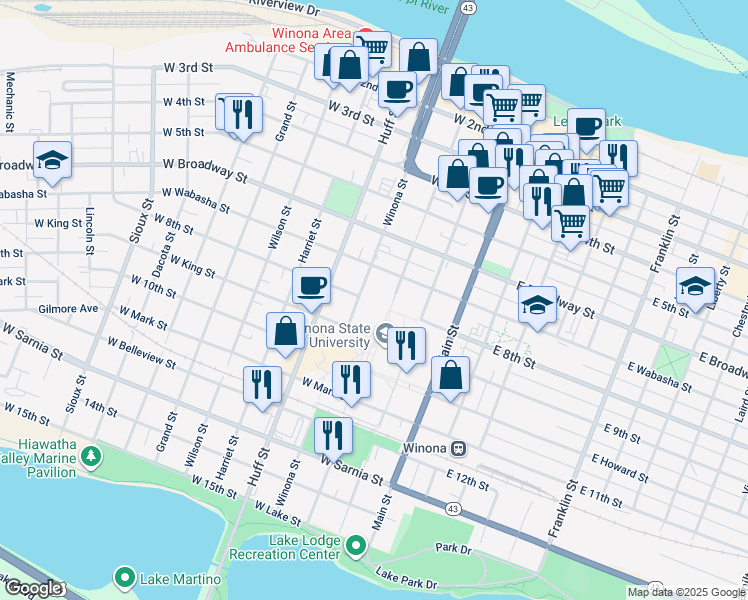 map of restaurants, bars, coffee shops, grocery stores, and more near 369 Washington Street in Winona