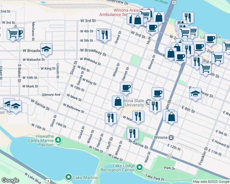 map of restaurants, bars, coffee shops, grocery stores, and more near 369 West King Street in Winona