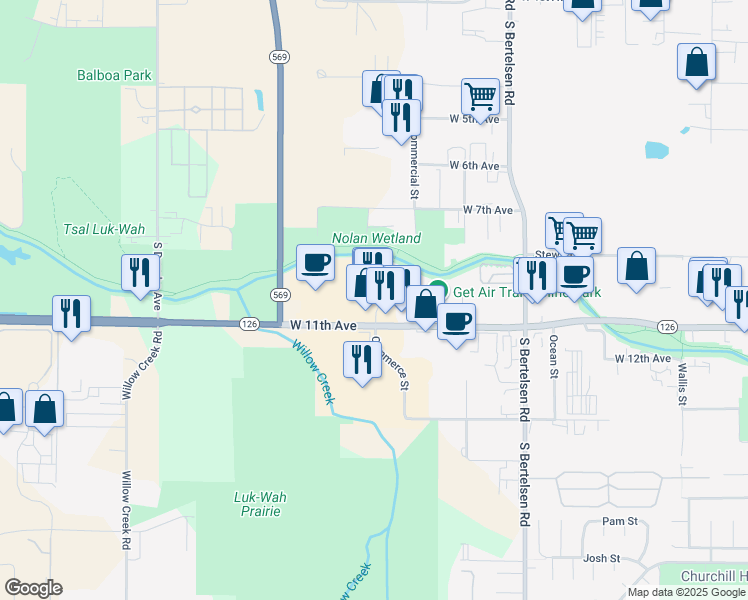 map of restaurants, bars, coffee shops, grocery stores, and more near 4355 Commerce Street in Eugene
