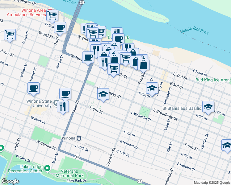 map of restaurants, bars, coffee shops, grocery stores, and more near 276 Walnut Street in Winona