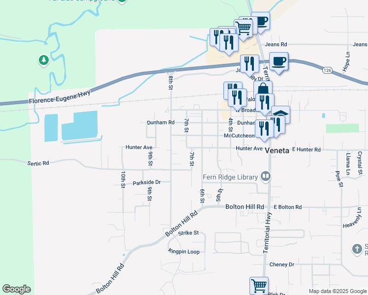 map of restaurants, bars, coffee shops, grocery stores, and more near 88117 7th Street in Veneta