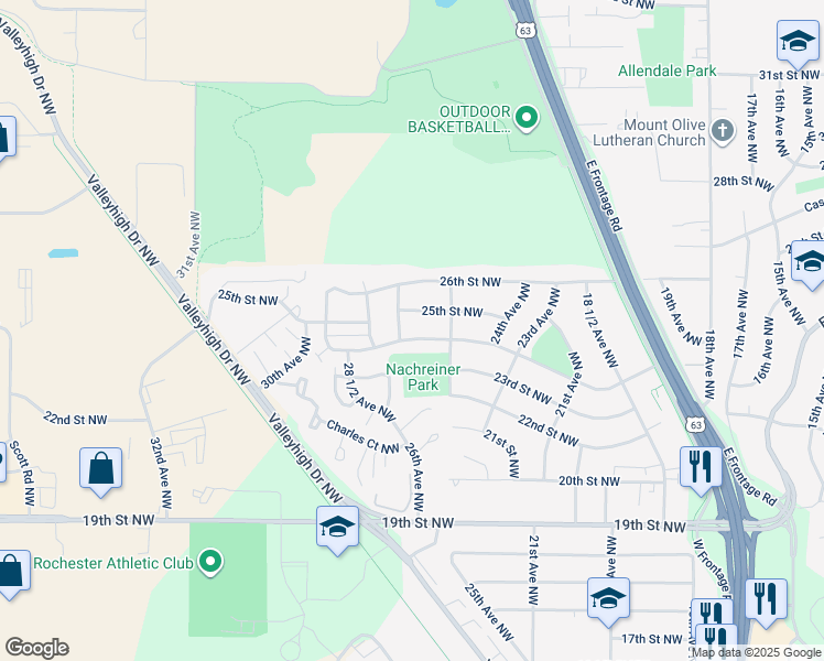 map of restaurants, bars, coffee shops, grocery stores, and more near 2613 24th Street Northwest in Rochester