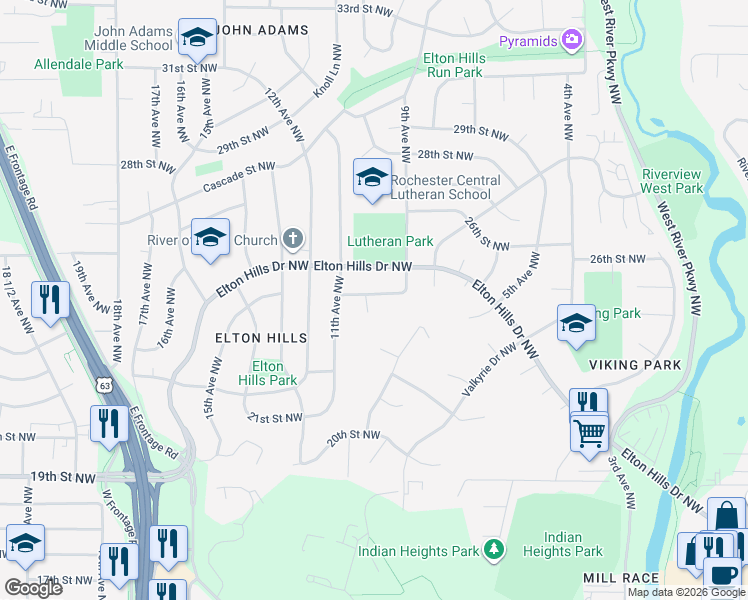 map of restaurants, bars, coffee shops, grocery stores, and more near 932 24th Street Northwest in Rochester