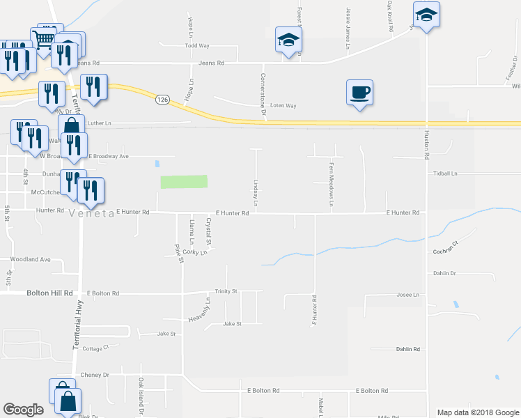map of restaurants, bars, coffee shops, grocery stores, and more near 88093 Lindsay Lane in Veneta