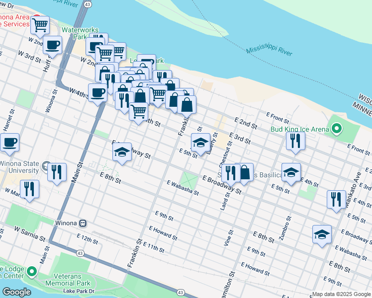 map of restaurants, bars, coffee shops, grocery stores, and more near 216 Kansas Street in Winona