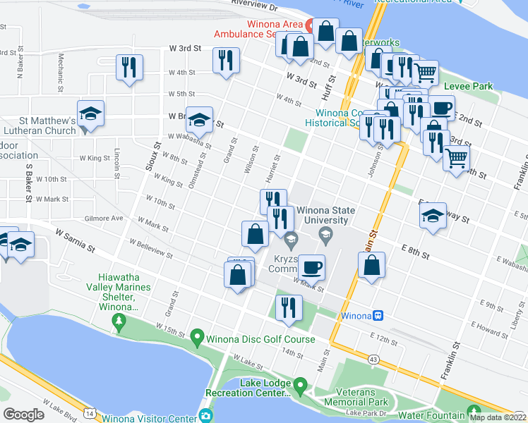 map of restaurants, bars, coffee shops, grocery stores, and more near 322 West King Street in Winona