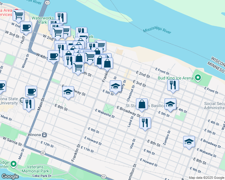 map of restaurants, bars, coffee shops, grocery stores, and more near 216 Kansas Street in Winona