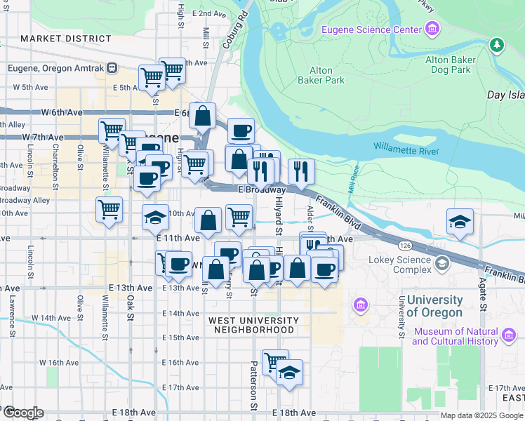map of restaurants, bars, coffee shops, grocery stores, and more near 978 Hilyard Street in Eugene