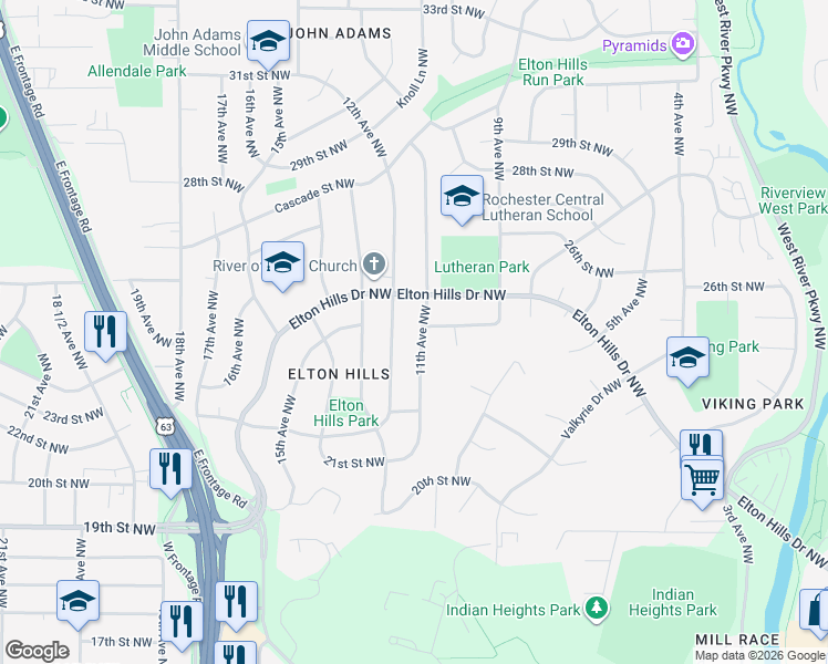 map of restaurants, bars, coffee shops, grocery stores, and more near 2371 11th Avenue Northwest in Rochester