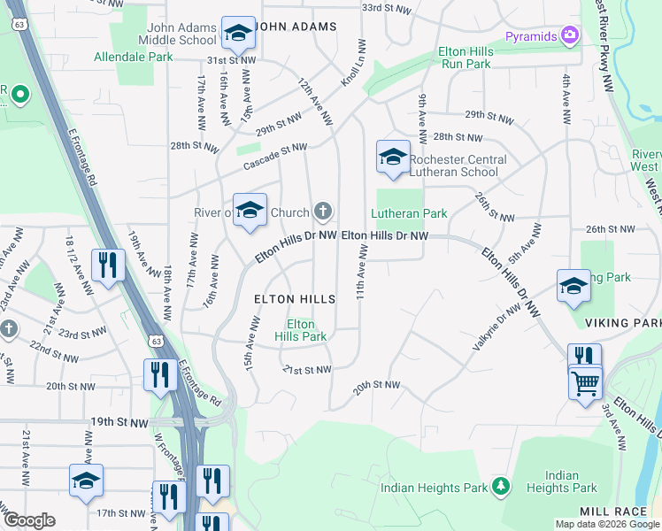 map of restaurants, bars, coffee shops, grocery stores, and more near 2409 12th Avenue Northwest in Rochester