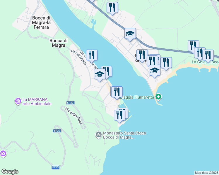 map of restaurants, bars, coffee shops, grocery stores, and more near 194 Via C. A. Fabbricotti in Bocca di Magra