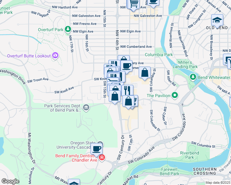 map of restaurants, bars, coffee shops, grocery stores, and more near 155 Southwest 14th Street in Bend