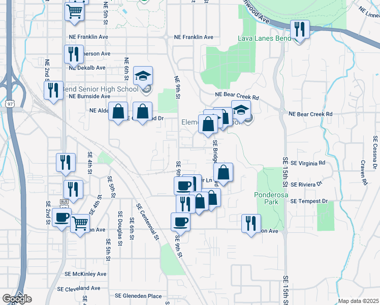map of restaurants, bars, coffee shops, grocery stores, and more near 110 Southeast 9th Street in Bend