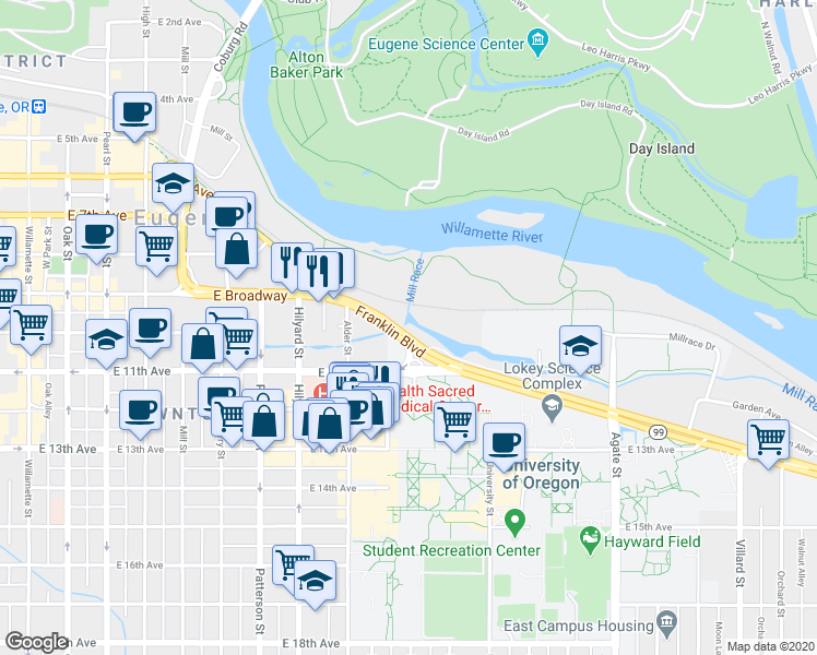 map of restaurants, bars, coffee shops, grocery stores, and more near 947 Franklin Boulevard in Eugene