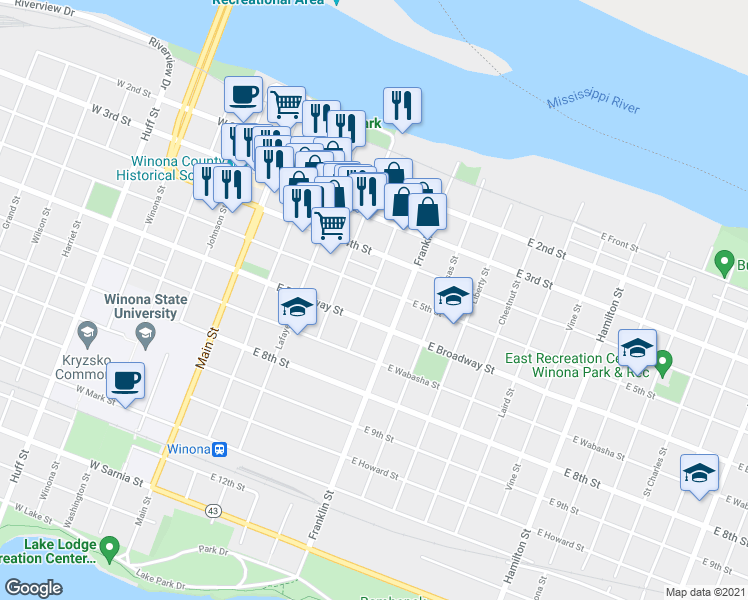 map of restaurants, bars, coffee shops, grocery stores, and more near 260 Market Street in Winona