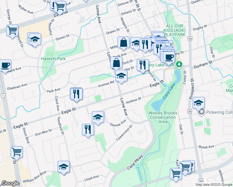 map of restaurants, bars, coffee shops, grocery stores, and more near 329 Eagle Street in Newmarket