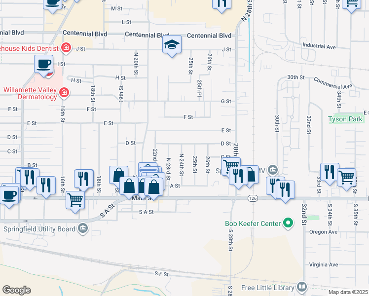 map of restaurants, bars, coffee shops, grocery stores, and more near 465 North 24th Street in Springfield