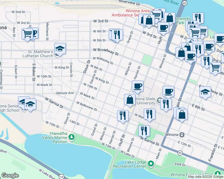 map of restaurants, bars, coffee shops, grocery stores, and more near 464 Grand Street in Winona