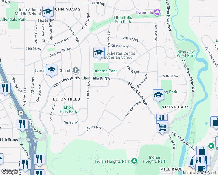 map of restaurants, bars, coffee shops, grocery stores, and more near 902 24th Street Northwest in Rochester