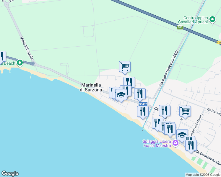 map of restaurants, bars, coffee shops, grocery stores, and more near SS432 in Marinella di Sarzana