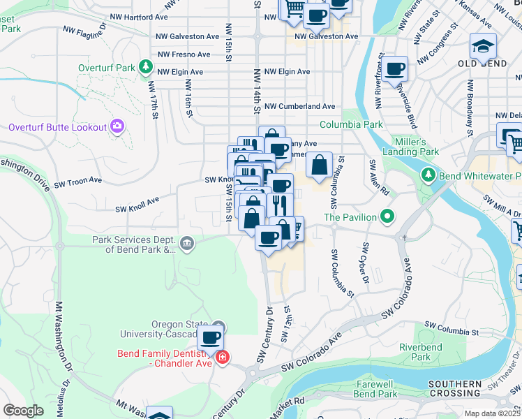 map of restaurants, bars, coffee shops, grocery stores, and more near 155 Southwest 14th Street in Bend