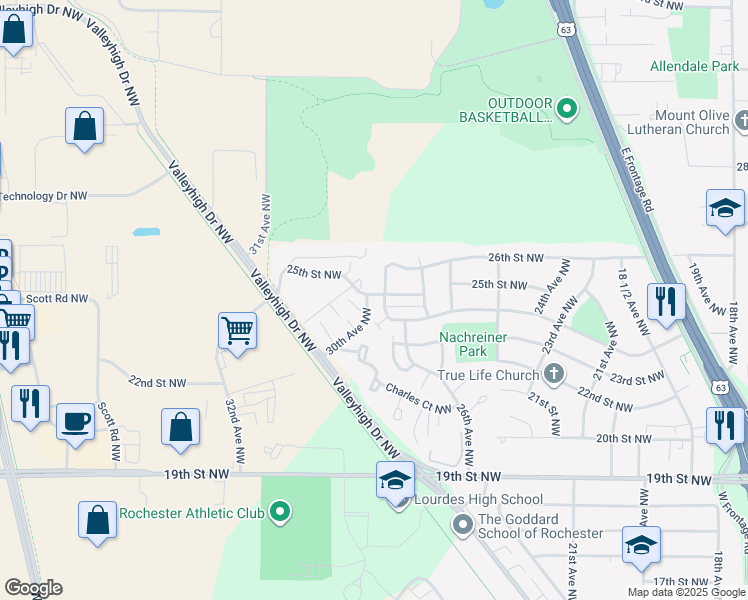map of restaurants, bars, coffee shops, grocery stores, and more near 2858 25th Street Northwest in Rochester