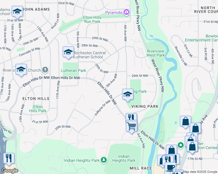 map of restaurants, bars, coffee shops, grocery stores, and more near 2410 5th Avenue Northwest in Rochester