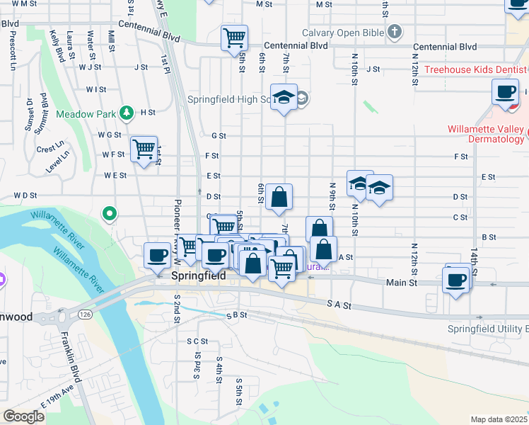 map of restaurants, bars, coffee shops, grocery stores, and more near 411 6th Street in Springfield