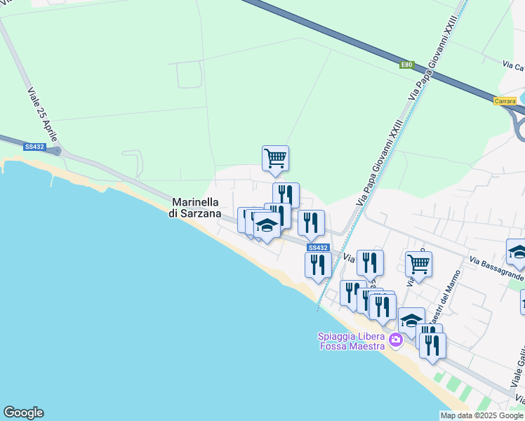 map of restaurants, bars, coffee shops, grocery stores, and more near 2 Via Papa Giovanni XXIII in Marinella di Sarzana