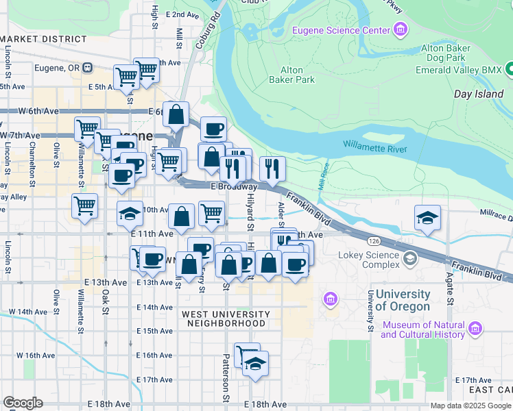 map of restaurants, bars, coffee shops, grocery stores, and more near 973 Hilyard Street in Eugene