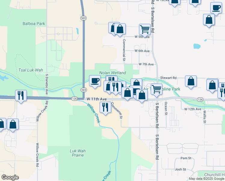 map of restaurants, bars, coffee shops, grocery stores, and more near 4355 Commerce St in Eugene
