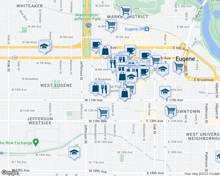 map of restaurants, bars, coffee shops, grocery stores, and more near 992 Lincoln Street in Eugene