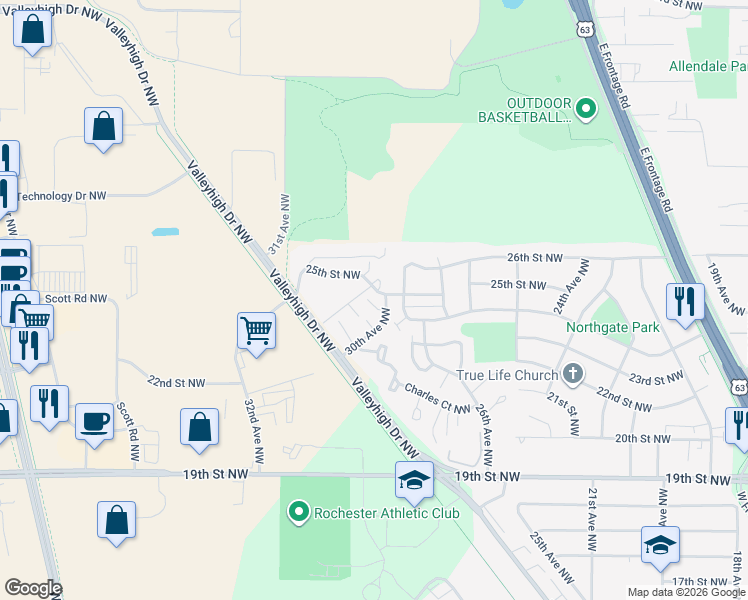 map of restaurants, bars, coffee shops, grocery stores, and more near 2421 30th Avenue Northwest in Rochester