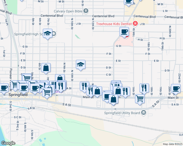 map of restaurants, bars, coffee shops, grocery stores, and more near 412 North 12th Street in Springfield
