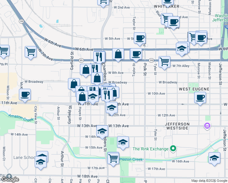 map of restaurants, bars, coffee shops, grocery stores, and more near 992 Fillmore Street in Eugene