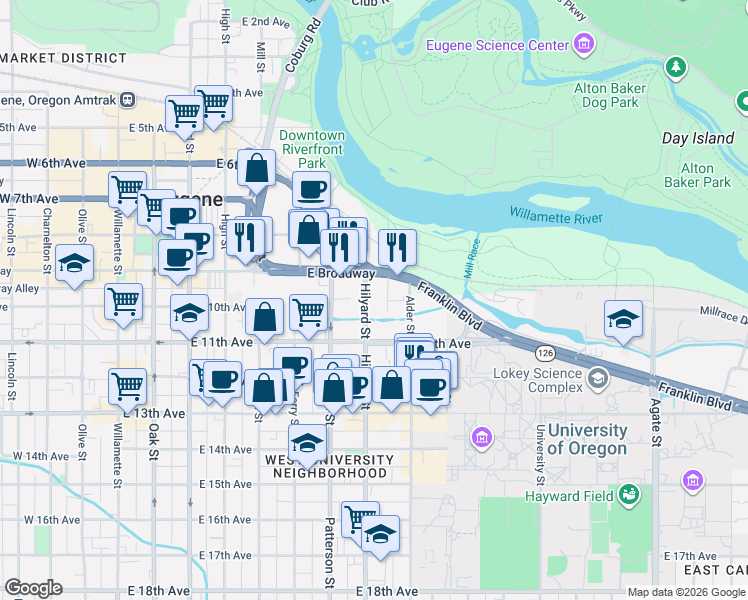 map of restaurants, bars, coffee shops, grocery stores, and more near 973 Hilyard Street in Eugene