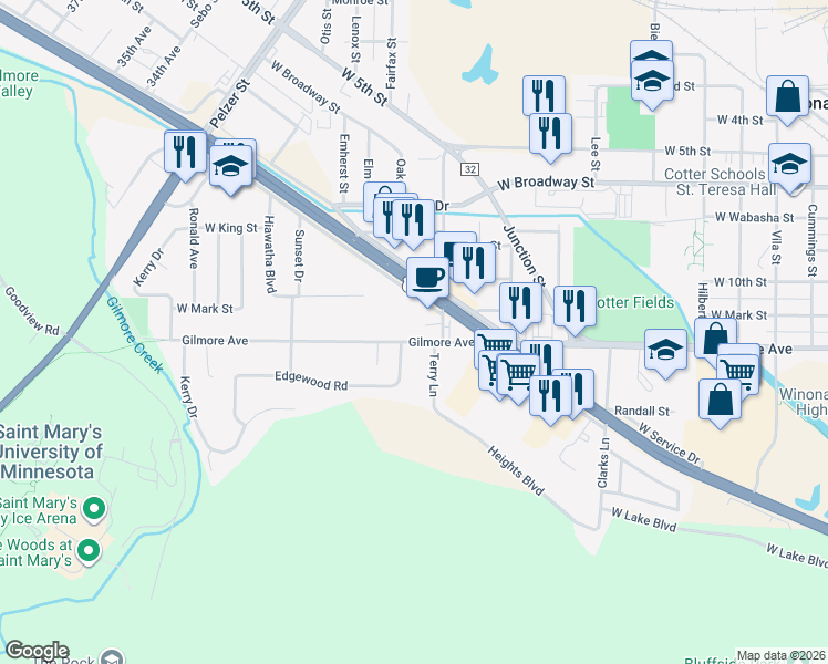 map of restaurants, bars, coffee shops, grocery stores, and more near 1630 Gilmore Avenue in Winona