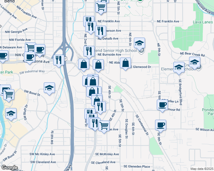 map of restaurants, bars, coffee shops, grocery stores, and more near 435 Southeast Centennial Street in Bend